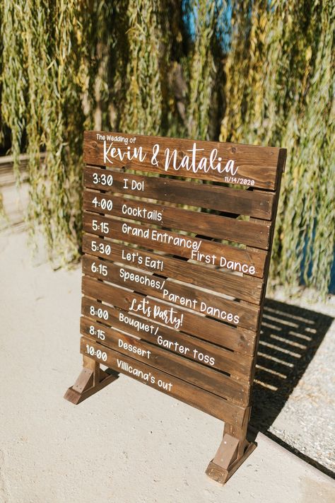 Outside Wedding Signs, Wedding Decorations Using Cricut, Rustic Wedding Timeline Sign, Wedding Schedule Signs, Reception Timeline Sign, Wedding Schedule Ideas, Schedule Wedding Sign, Wooden Pallet Wedding Signs, Pallet Timeline Wedding