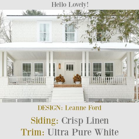 Behr Crisp Linen and Ultra Pure White on a craftsman house exterior - Leanne Ford. #behrcrisplinen #behrultrapurewhite #leanneford Behr Crisp Linen, Pure White Exterior, Behr White Paint, Behr Ultra Pure White, Craftsman House Exterior, Behr Ultra, Hello Lovely, Craftsman House, Exterior Paint