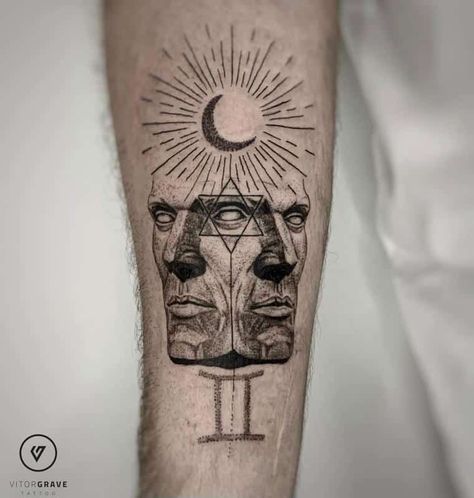 Two-Faced Gemini Tattoo 3 Evil Gemini Tattoo, Tattoo Ideas For Gemini Men, Men Gemini Tattoo Ideas, Gemini Zodiac Tattoos Men, Mens Gemini Tattoo, Dark Gemini Tattoo, Gemini Tattoos Men, Gemini Men Tattoo, Gemini Forearm Tattoo