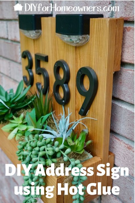 Planter Box Address Sign Diy, Diy House Number Planter, House Number Wall Planter, House Number Sign With Planter, Diy House Number Sign Planter, Diy Modern House Number Sign, Address Sign With Solar Light, Diy House Number Sign Solar Lights, Diy Solar House Number Sign