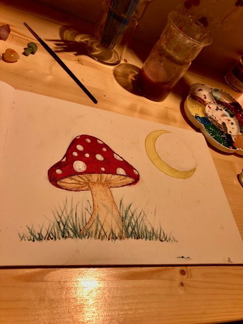 Mushroom Drawing Landscape, Painting Of A Mushroom, Frog Cute Painting, Simple Mushroom Painting Ideas, Moon And Mushroom Drawing, Mushrooms Aesthetic Drawing, Colorful Mushroom Drawing, Mashrooms Drawing Aesthetic, Aesthetic Drawing Ideas Colourful