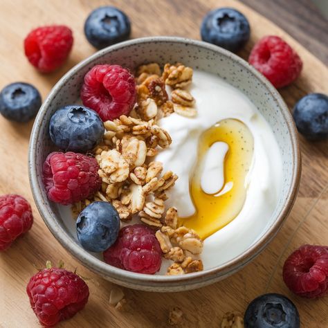 Starting the day with this refreshing Greek Yogurt Parfait! 🍓🥣 Layers of creamy yogurt, fresh berries, and crunchy granola – it’s the perfect breakfast or snack. **Ingredients:** - 2 cups plain Greek yogurt - 1 cup mixed fresh berries (strawberries, blueberries, raspberries) - 1/2 cup granola - 2 tablespoons honey - 1 teaspoon vanilla extract - 1 tablespoon chia seeds (optional) - Fresh mint leaves for garnish (optional) **Directions:** 1. In a small bowl, mix Greek yogurt with honey and ... Granola And Greek Yogurt, Yogurt With Honey, Yogurt Breakfast Bowl, Greek Yogurt Parfait, Berry Parfait, Creamy Yogurt, Fruit Parfait, Crunchy Granola, Strawberries Blueberries