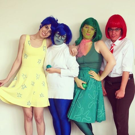 Costumes For 4 People, Inside Out Outfit Ideas, 4 People Halloween Costumes, 4 Person Halloween Costumes, Disney Costume Ideas, Purim Costume, Purim Ideas, Inside Out Costume, Girl Group Halloween Costumes