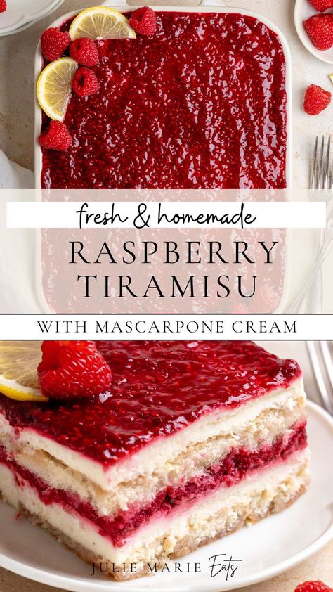 Looking for a twist on the classic tiramisu, perfect for a spring dessert? This raspberry cake idea combines fresh raspberry jam, lady fingers and creamy mascarpone for a unique fruit dessert idea. It's also the perfect make ahead cake recipe! Dessert With Raspberry Jam, Pie, Baking With Raspberry Jam, Things To Do With Fresh Raspberries, Recipes Using Lady Fingers, Easy Spring Desserts For A Crowd, Fruit Tiramisu Recipe, Dessert With Raspberries, Raspberry Tiramisu Recipe