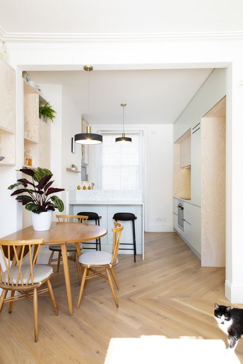 Photo 10 of 18 in Before & After: A Cluttered London Maisonette Gets Loads of Storage—and a Cat Climbing Wall - Dwell Castle Apartment, Ercol Table, Cat Climbing Wall, Built In Furniture, London House, London Apartment, Climbing Wall, Cat Climbing, Kitchen Diner