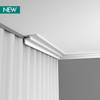 LED downlighting coving Curtain Pelmet, Kitchen Ceiling Design, Floor To Ceiling Curtains, Cornice Moulding, Design Ložnic, Cornice Design, Ceiling Curtains, Orac Decor, Plain Curtains