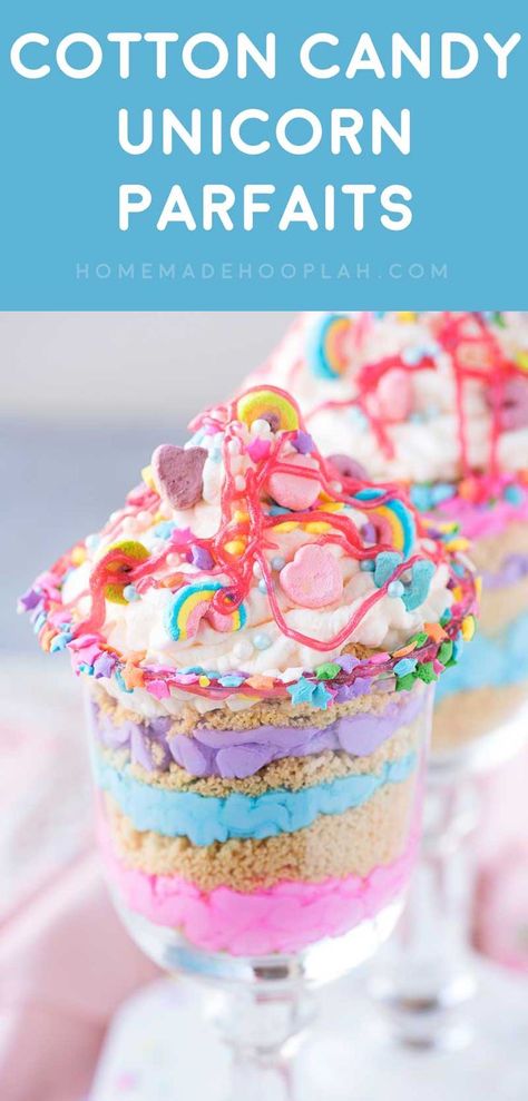 Cotton Candy Unicorn Party Parfaits! Ride the rainbow craze with this unicorn party dessert made with cotton candy flavor whipped cream, crushed golden Oreos, and Lucky Charms marshmallows. | http://HomemadeHooplah.com Cotton Candy Unicorn, Unicorn Party, Cotton Candy, Sprinkles, The Top, Dessert, Candy, Rainbow, Cream