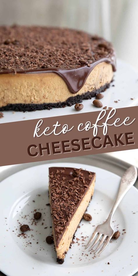 The creamiest, dreamiest coffee cheesecake with a chocolate crust and a rich chocolate glaze. Would you believe it's low carb and keto-friendly? Oh, but it is! Keto Cheesecake No Crust, Low Carb Chocolate Cheesecake, Low Sugar Cheesecake Recipes, Keto Coffee Cheesecake, Keto Oreo Cheesecake, Low Sugar Sweets, Keto Crust, Low Carb Sweet Treats, Coffee Cheesecake