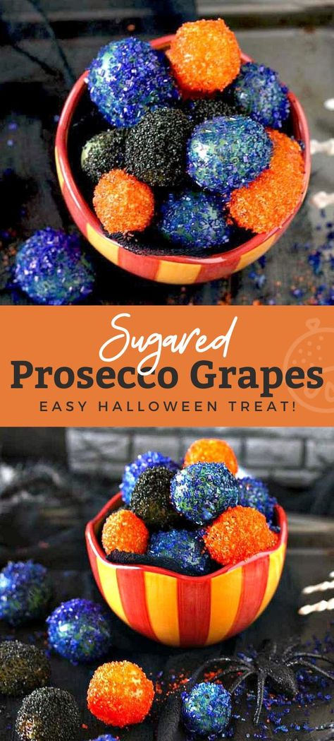 These Sugared Prosecco Grapes are sweet, crunchy, boozy and incredibly festive. This fun Halloween treat requires only 3 ingredients and it's super easy to make! #halloween #recipe #prosecco #champagne #boozy #candied #sprinkles Prosseco Grapes, Halloween Food Appetizers Parties, Boozy Grapes Recipe, Wine And Candy Pairing, Halloween Candied Fruit, Adult Halloween Treats Alcohol, Halloween Finger Food Desserts, Boozy Halloween Treats, Halloween Adult Desserts