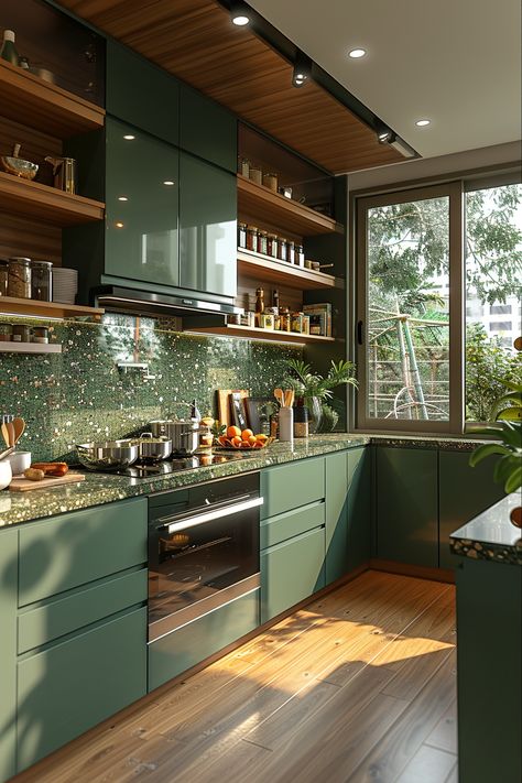 Green Kitchen Aesthetic Modern, Nature Friendly Homes, Kitchen Green Ideas, Earthy Interior Design Kitchen, Jade Countertops Kitchen, Eco Kitchen Design, Green Wood Aesthetic, Cozy Green Kitchen, Dream House Decor Kitchen