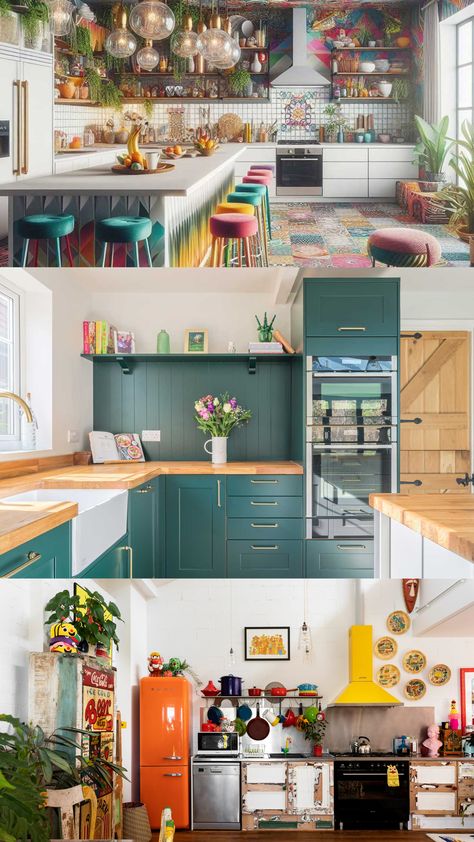 A vibrant collection of kitschy kitchen ideas with retro colors, vintage accents, and playful decor to create a one-of-a-kind kitchen space. Boho Kitchen Aesthetic, Diner Themed Kitchen, Modern Colorful Kitchen, Maximalist Kitchen, Quirky Kitchen, Bold Decor, Bold Color Schemes, Kitschy Kitchen, Colorful Kitchen