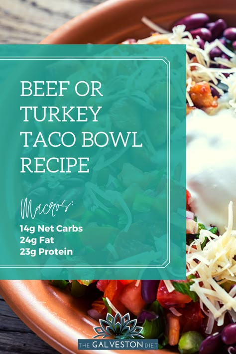 Low Carb Taco Bowl, Turkey Taco Bowl, The Galveston Diet, Regulating Hormones, Inflammation Diet Recipes, Galveston Diet, Low Carb Taco, Taco Bowl Recipe, Turkey Taco