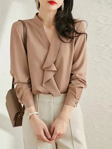 ZANZEA Solid Ruffle Stand Collar Long Sleeve Blouse For Women Cheap - NewChic Mobile Formal Tops For Women, Formal Tops, Fashion Tops Blouse, Plain Blouse, Elegant Blouses, Cotton Blouse, Collar Blouse, Print Blouse, Blouse Styles