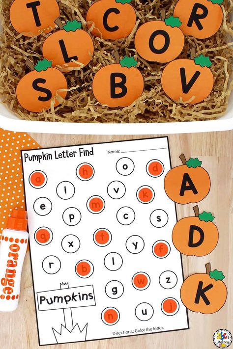 Pre K Fall Science Activities, Sensory Activities For Preschoolers Fall, Fall Theme Pre K Activities, Fall Prek Theme, Pumpkin Cvc Activities, Pumpkin Letters Preschool, October Letter Activities, Fall Learning Centers Preschool, Fall Activities For Preschool Literacy