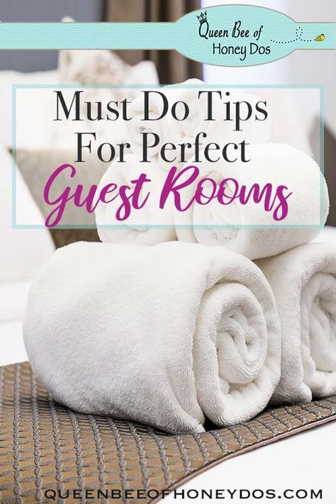 Tips for the Perfect Guest Rooms - Use these great ideas to create the perfect space for your guests! #bedrooms #decor #queenbeeofhoneydos Diy Bed And Breakfast Ideas, Guest Room Towel Ideas, Things For Guest Bedroom, Preparing Guest Room, Themed Guest Bedroom Ideas, Guest Bedroom Styling Ideas, Inviting Guest Bedroom, Grandkids Guest Room Ideas, Gift Basket For Guest Room