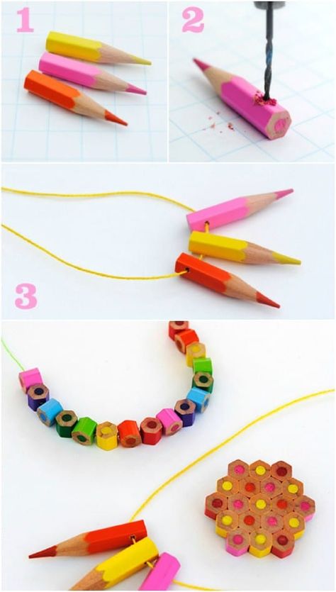 Colored Pencil Jewelry Colored Pencil Upcycle, Recycled Jewelry Upcycling, Pencil Shaving Art, Diy Jewelry Recycled, Pencil Jewelry, Upcycling Jewelry, Kids Jewelry Diy, Recycled Crayons, Pencil Crafts