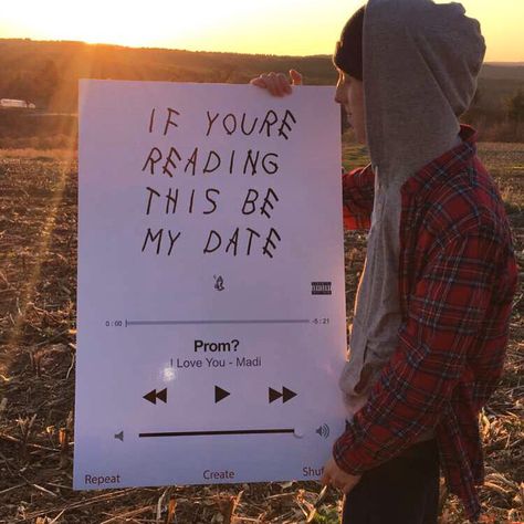 Drake Promposal! If you're reading this be my date or if you're reading this it's too late be my date. Cute promposal. Unique promposal. Pin by: Madison May :) insta DM me if you want to know how I did it @Madimayy Cute Promposal, Cute Promposals, Prom Posters, Cute Homecoming Proposals, Cute Prom Proposals, Asking To Prom, Dance Proposal, Prom Couples, Proposals Ideas