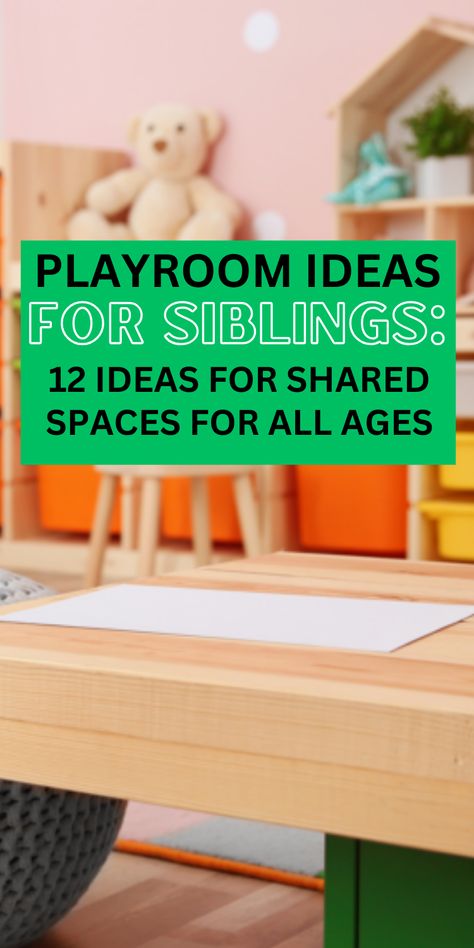 Pinterest pin titled '12 SHARED Playroom Ideas For Siblings (Same Or Different Ages!)': An image of a well-designed playroom, offering creative ideas for shared play spaces among siblings of varying ages. Split Playroom Ideas, Brother And Sister Playroom Ideas, Playroom Multiple Ages, Playroom Before And After, Multipurpose Playroom Ideas, Large Playroom Layout, Mobile Home Playroom, Multi Age Playroom Ideas, Playroom For All Ages