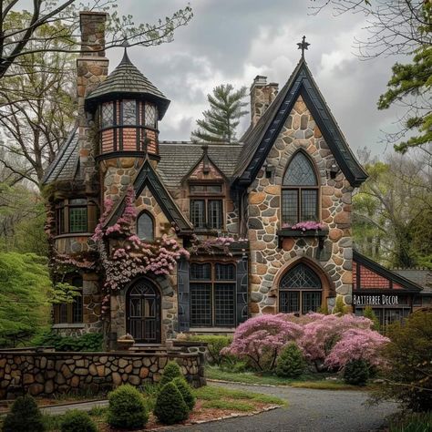 House With Circle Tower, Fairy Tale Cottage Exterior, Cottage With Tower, Castle Home Exterior, Stone Victorian House, Fairytale House Exterior, Castle House Exterior, Whimsical Mansion, Cottagecore Home Exterior