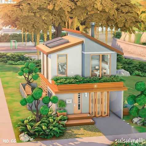 Sims 4 Modern Eco House, Micro Sims 4 House, Small Modern Home Sims 4, Sims 4 House For Two, Sims 4 Tiny House 2 Bedroom, The Sims Tiny House Ideas, Sims 4 Tiny Home Layout, Sims 4 Tiny House Floor Plans With Loft, Sims Tiny Living