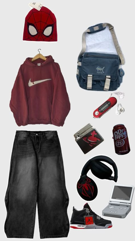 Spider Man Aesthetic Outfits, Spiderman Fits, Spider Man Outfits Ideas, Spiderman Outfit Ideas, Skate Outfit Men, Outfit Ideas Tomboy, Outfit Ideas For Guys, Fits Y2k, Spiderman Outfit