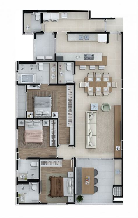 Apartment Layout 3 Bedroom, 3 Bedroom Apartment Layout, 3 Bedroom Apartment Floor Plan, 3d Floor Plans, Bungalow Floor Plans, House Floor Design, Apartment Floor Plans, Home Design Floor Plans, House Construction Plan