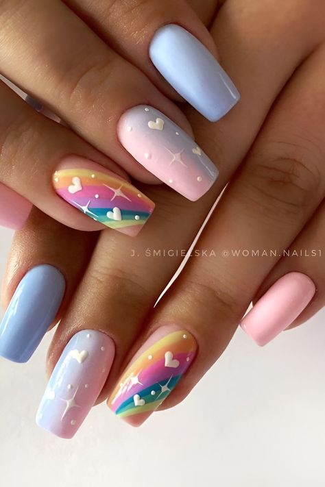 30 Colorful Rainbow Nail Ideas To Instantly Brighten Up Your Mood Rainbow Nail Art Designs, Fall Leaves Nail Art, Sunflower Nail Art, Rainbow Nails Design, Rainbow Nail Art, August Nails, Sunflower Nails, Summery Nails, Simple Nail Art Designs