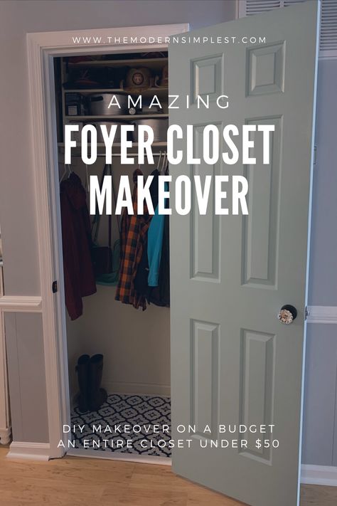 DIY foyer closet makeover under $50. Love the results and done in no time! Coat Closet Makeover Entryway, Foyer Closet Makeover, Front Closet Makeover, Small Entry Closet Ideas, Coat Closet Design, Hall Closet Makeover, Entry Closet Makeover, Entryway Closet Makeover, Diy Foyer