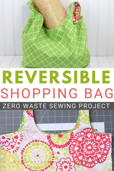 Easy pattern for reversible shopping bags to replace plastic grocery bags. The reversible feature makes it so fun! A great beginner project and perfect for zero waste living. #zerowaste Easy Bags To Sew Free Pattern, Grocery Bags Pattern, Reusable Shopping Bag Pattern, Reusable Grocery Bags Pattern, Diy Grocery Bags, Grocery Bag Pattern, Beginner Sewing Projects, Shopping Bag Pattern, Sustainable Diy