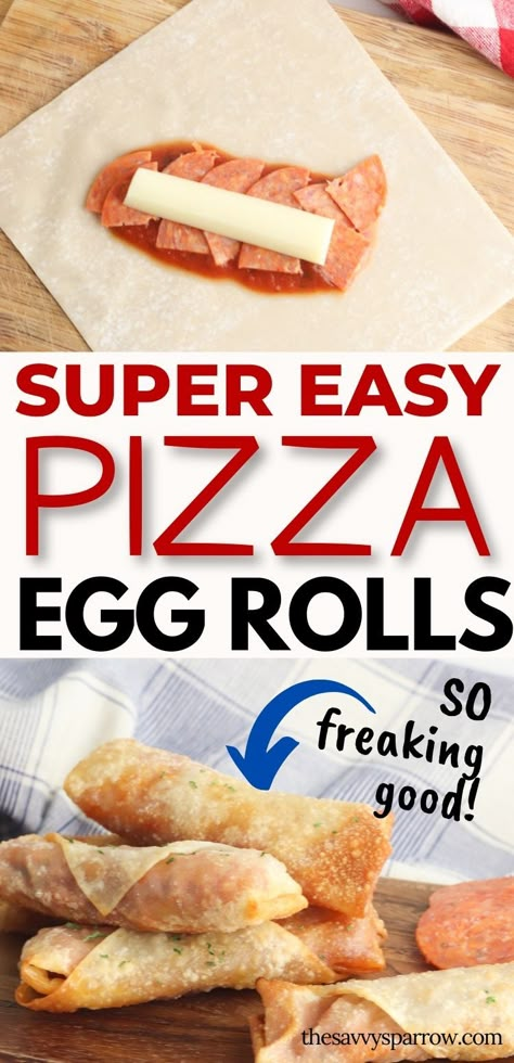 Egg Roll Pizza Rolls Air Fryer, Wonton Wrapper Pizza Rolls, Keto Egg Roll Wrapper Recipes, Egg Roll Pizza Rolls, Pizza Rolls With Wonton Wrappers, Dinner Egg Rolls, Pizza Rolls With Egg Roll Wrappers, Pizza Egg Rolls Baked, Pepperoni Pizza Egg Rolls