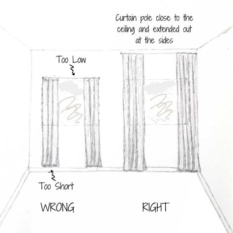 Today, I'm sharing how to hang curtains properly. We'll discuss the do's and don'ts of hanging curtains and how avoiding some common mistakes can make your windows and your room look bigger and more put together. We'll answer questions like, how a room's purpose affects your curtain choices, which style of curtain pole is best for your room, what width and height to hang your curtains, whether or not your curtains are supposed to touch the floor and more! Plus, free downloadable design guide! Making A Window Look Bigger, Curtains To Make Window Look Bigger, What Height To Hang Curtains, How To Put Curtains, Curtain Width Guide, Curtain Poles Ideas Living Rooms, How To Hang Curtains Properly, Curtain Height Guide, Short Curtains Bedroom Ideas