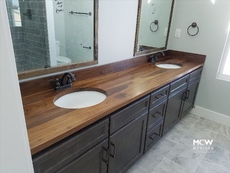 Wood Top Bathroom Vanity, Black Countertops Wood Cabinets Bathroom, Wood Bathroom Vanity Black Countertop, Wood Vanity Black Countertop, Wood Vanity Top, Wood Countertops Bathroom, Bathroom Wood Countertop, Wood Bathroom Countertop, Bathroom Black Countertop Wood Cabinet