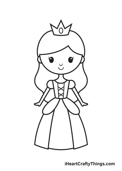 Princess Simple Drawing, Cute Easy Princess Drawings, Princess Outline Drawing, Cartoon Princess Drawings, How To Draw A Queen, Simple Princess Drawing, Easy Drawing Princess, Cute Princess Drawings Easy, Kids Cartoon Drawings