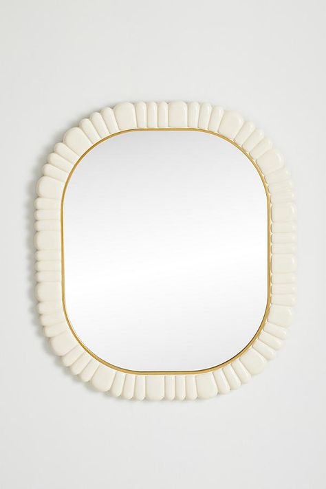 The Malou Mirror infuses any space with timeless charm, featuring an elegantly detailed frame that adds a touch of classic sophistication and reflects light beautifully to enhance any room's ambiance. | Malou Bath Wall Mirror by Anthropologie in White, Size: Medium Fun Mirror Frames, Cute Bathroom Mirrors, Fun Bathroom Mirror, Cute Wall Mirror, Girly Bathroom Mirror, Salon Bathroom Decor, Kids Bathroom Mirror, Wood Ball Mirror, Anthropogie Mirror