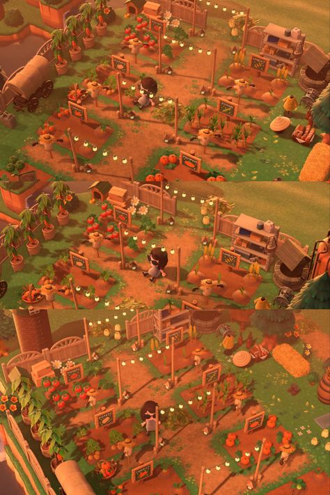 Animal Crossing New Horizons ACNH Farm Farm Designs Acnh, Animal Crossing Orange Island, Acnh Farm Build, Animal Crossing Farm Layout, Farm Ideas Acnh, Animal Crossing Bee Farm, Acnh 70s Island, Acnh Apple Orchard Ideas, Animal Crossing Vegetable Garden