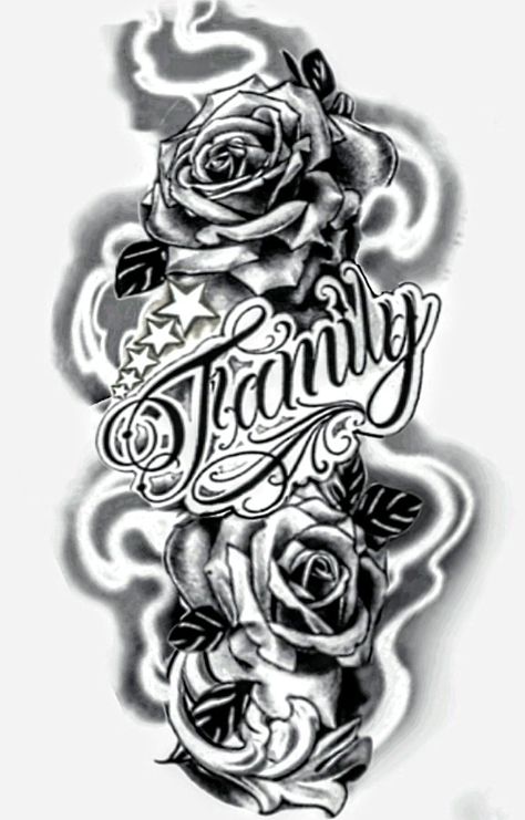 A family tattoo with roses, smoke, 5 stars that represent 5 children Tattoos That Represent Family For Men, Family Themed Tattoos, Family First Tattoo Designs, Family Over Everything Tattoo Men, Tattoo Representing Children, Family Rose Tattoo, Tattoo That Represents Family, Tattoos That Represent Family, Family Over Everything Tattoo