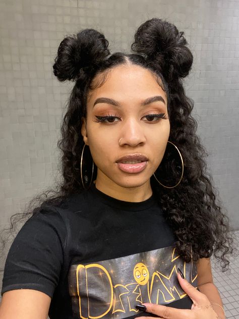 Two Top Buns Half Up, Two Buns With Hair Down, Half Up Half Down Space Buns Black Women, 2 Buns Half Up Half Down Natural Hair, Half Up Half Down Curly Hair With Bangs, Two Bun Half Up Half Down, Curly Space Buns Half Up, 2 Bun Half Up Half Down, 2 Space Buns Half Up Half Down