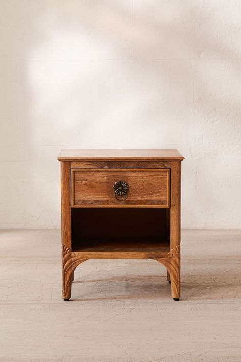 Andrea Carved Nightstand | Urban Outfitters Antique Wooden Nightstand, Antique Wood Nightstand, Spanish Style Nightstands, Rustic Wood Nightstand, Wooden Nightstand Aesthetic, Cottage Core Nightstand, Nightstand Aesthetic Decor, Cottagecore Nightstand, Bedroom Ideas Nightstands