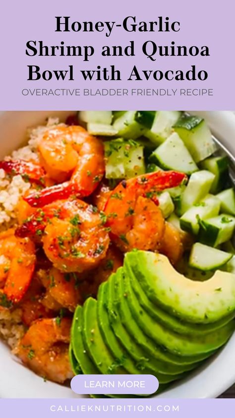 Savor our IC-friendly Honey-Garlic Shrimp and Quinoa Bowl with Avocado! 🍤🥑 This delicious dish combines succulent shrimp, fluffy quinoa, and creamy avocado with a flavorful honey-garlic sauce. Perfect for a quick and wholesome dinner for two. Click to discover the full recipe and enjoy a tasty, healthy meal! Bladder Friendly Recipes, Shrimp Quinoa Bowl, Quinoa Bowls Healthy, Shrimp Quinoa, Fluffy Quinoa, Ic Diet, Ic Recipes, Shrimp And Quinoa, Avocado Bowl