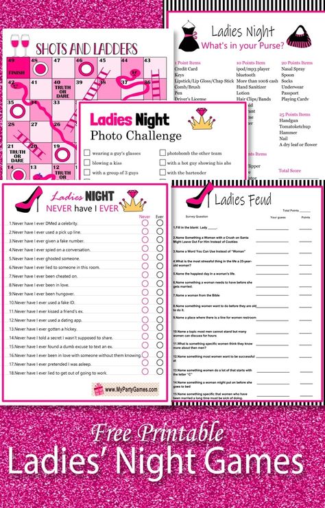 Free Printable Ladies' Night Games Fun Activities For Ladies Night, Ladies Night Games Activities, Girls Night Games Black People, Ladies Night Games Free Printable, Christmas Ladies Night Ideas, Ladies Game Night Ideas, Ladies Night Ideas Themes, Group Games For Ladies, Shots And Ladders