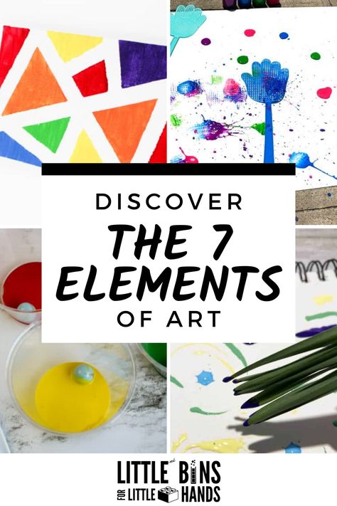 Doing art with kids at home or in the classroom? Then you will want to think about the 7 elements of art! Explore what the 7 elements of art are, why they are important and helpful tips for how to teach them to kids. Plus, you’ll find examples of fun and easy art projects you can use! Make sure to download the free 7 Elements of Art printable below. Elements Of Art For Preschool, Elements Of Art Preschool, Teaching Art To Kindergarteners, Space Art Element Projects, Art Elements For Kids, Organic Vs Geometric Shapes Art, Teaching Art To Preschoolers, Elements Of Art For Kindergarten, Elements Of Art Activities