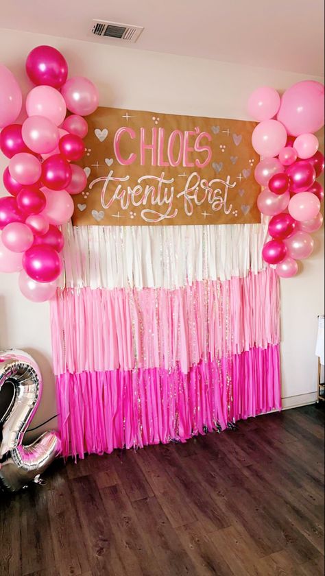 Streamer backdrop 
21st birthday themes 
21 
21st birthday 
Pink birthday ideas 
Pink birthday outfits 
Birthday 
Girlie birthday theme 21st Birthday Ideas Decorations Pink, College Birthday Decorations, Pretty In Pink 21st Birthday, 21st Birthday Essentials, Pink Whitney 21st Birthday Sign, Legally Blonde 21st Birthday, 21st Birthday Ideas Without Alcohol, 18th Birthday Party Ideas November, 21st Birthday Themes For Her At Home