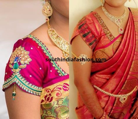 http://www.southindiafashion.com/2017/11/try-sleeve-ends-make-blouses-interesting.html Short Sleeve Blouse Design, Sarees Bridal, Bridal Blouses, Maggam Work Blouse, Pattu Saree Blouse Designs, Wedding Saree Blouse, Saree Blouse Neck Designs, Wedding Saree Blouse Designs, Cutwork Blouse Designs