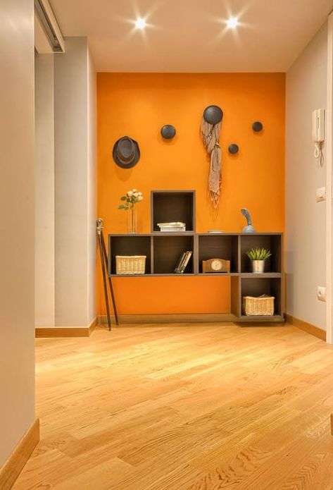 Orange Painted Rooms, Orange Paint Colors, Living Room Ideas On A Budget, Room Ideas On A Budget, Modern Foyer, Entryway Modern, Wall Color Combination, Foyer Ideas, Living Room Orange