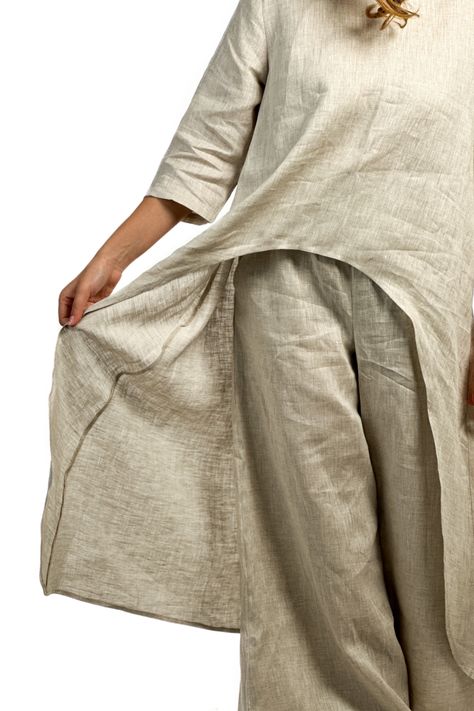 Asymmetric linen top for women. Casual, comfortable linen top design for everyday outfits. Pair it with matching linen pants and wear it as a set. Palazzo And Top, High-waisted Linen Harem Pants, Relaxed Linen Wide-leg Harem Pants, Beige Linen Wide-leg Harem Pants, Wide-leg Linen Harem Pants For Loungewear, Casual Full-length Linen Harem Pants, Linen Fashion, Top And Pants Set, Womens Pyjama Sets