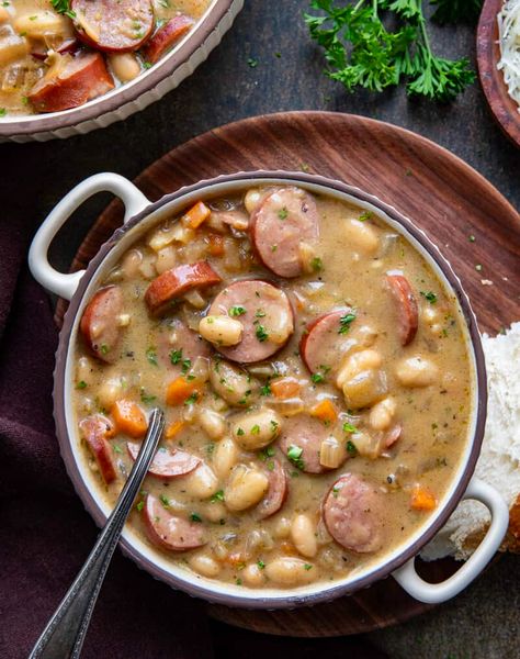 White Bean Kielbasa Spinach Soup, Creamy Kielbasa Bean Soup, Kale Kielbasa Soup, Soups With Polish Sausage, Kielbasa Soup With Cauliflower, White Beans Sausage, Kielbasa White Bean Soup, Bean Soup With Kielbasa, Soups With Beans Healthy