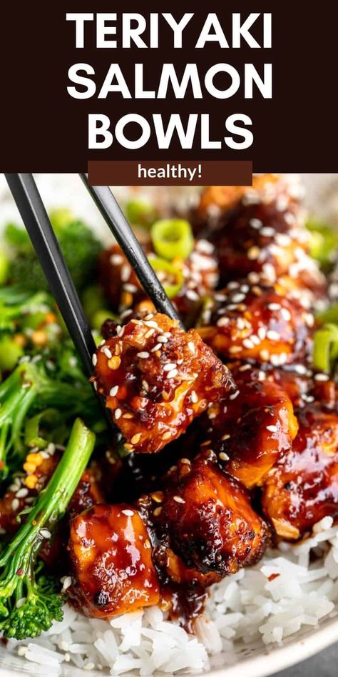 These teriyaki salmon bowls are the perfect easy and healthy dinner recipe. They're gluten free, with crispy air fryer, baked or pan fried salmon. Serve these salmon bowls with rice, veggies and more teriyaki sauce. Quick And Easy Dinner Recipes Pescatarian, Teriyaki Salmon And Broccoli, Easy Good Salmon Recipes, Crispy Sriracha Salmon Bowls, Gluten Free Salmon Dinner, Pescatarian Bowl Recipes, Easy Teriyaki Salmon Baked, Salmon Sticky Rice Bowl, Best Salmon Dishes