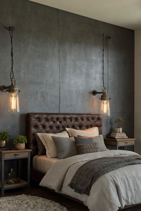 Discover how Benjamin Moore's Iron Mountain paint can transform your space into an urban industrial oasis. Unleash the edgy vibe of Industrial Chic with this versatile shade. #ad     #Colortrend #wallpaint2024  #color2024  #DIYpainting  ##DIYhomedecor  #Fixhome Rustic Industrial Bedroom Ideas, Iron Mountain Benjamin Moore, Industrial Chic Bedroom, Industrial Farmhouse Bedroom, Rustic Industrial Bedroom, Modern Industrial Bedroom, Bedroom Industrial Chic, Grey Bedroom Paint, Interior 2024