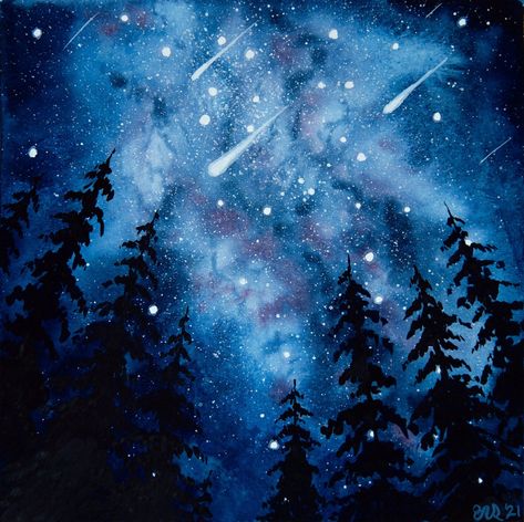 My original gouache painting of a night sky, featuring the milky way and shooting stars. Perhaps a meteor shower. ☀ Dimensions: 8 x 8". ☀ No mat or frame included. ☀ Hand painted on high quality, acid-free watercolor paper. ☀ Signed and dated. Water Colour Night Sky, Starry Sky Painting Acrylic, Meteor Shower Painting, Night Sky Watercolor Painting, Midnight Sky Painting, Night Sky Painting Tutorial, Shooting Star Painting, Night Sky Watercolor, Painting Night Sky