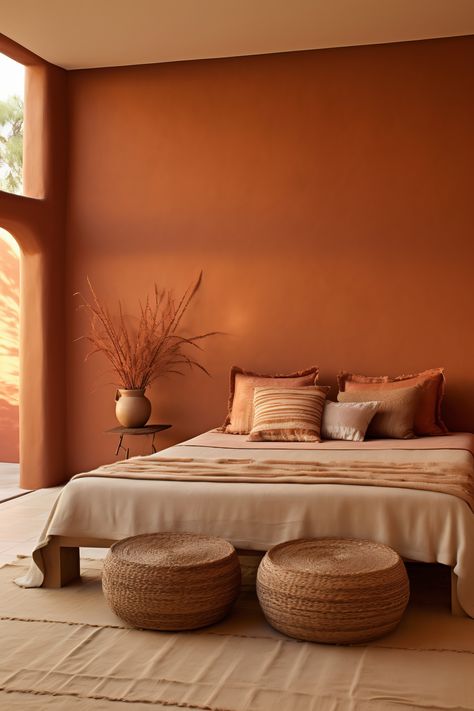 A serene bedroom with walls bathed in terracotta, complemented by a white ceiling. The room features a platform bed with terracotta and white linens, a bamboo nightstand, and a terracotta ceramic vase. A terracotta and beige woven wall hanging and a matching ottoman complete the Zen atmosphere. Sage Green And Terracotta Bedroom Decor, Deep Terracotta Walls, Bedroom With Orange Walls, Bedroom Paint Terracotta, Clay Bedroom Walls, Modern Orange Bedroom, Terracotta Room Aesthetic, Dessert Interior Design, Dusty Orange Bedroom